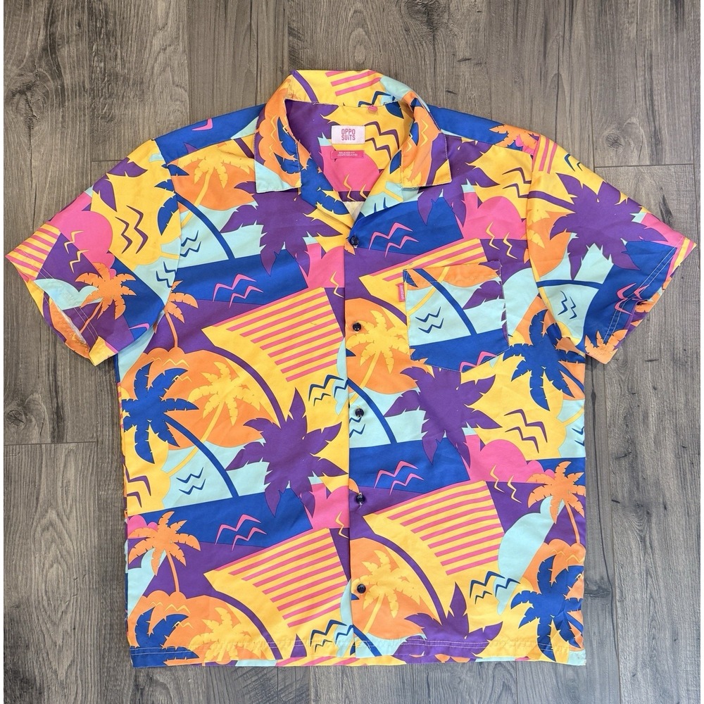 OppoSuits Palm Tree Camp Shirt L Vaporwave Miami Vice 80s Tropical Festival Neon